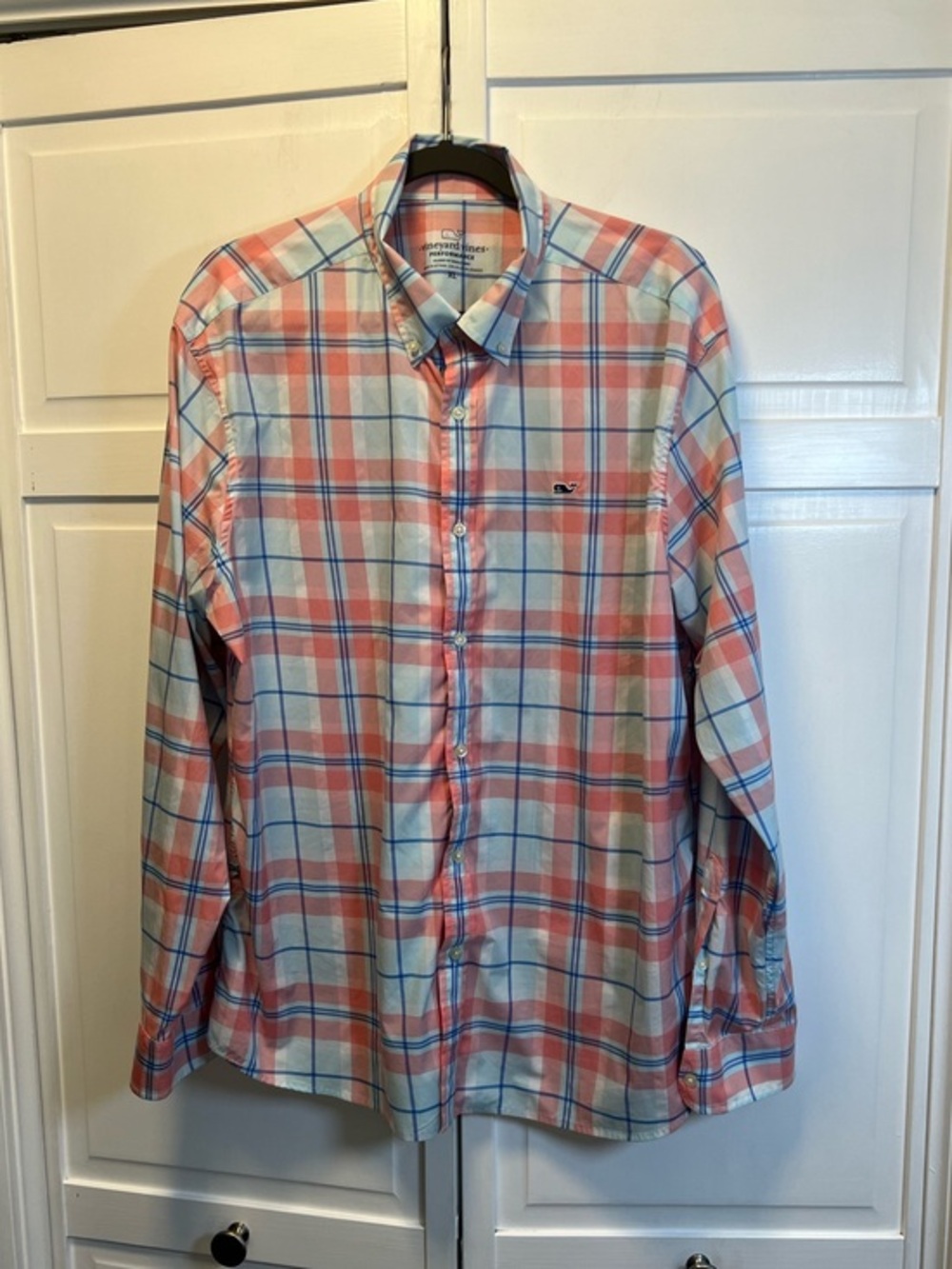 Vineyard Vines Performance Coral and Light Blue Plaid Button-Down Shirt Size XL